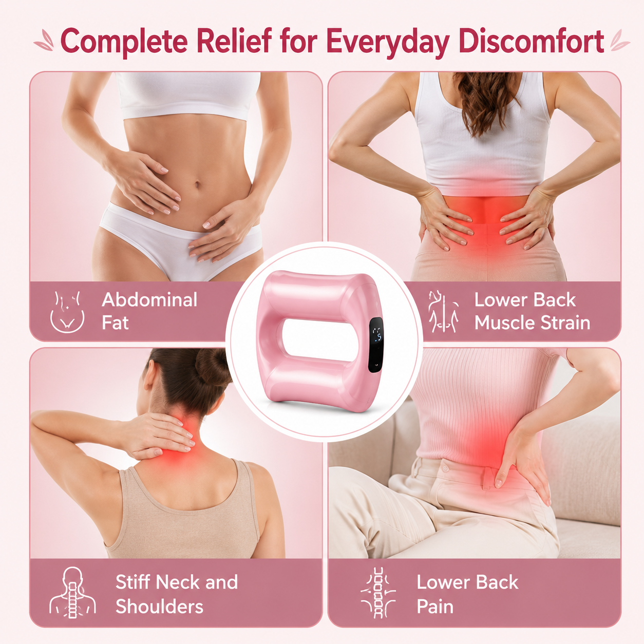 Woman using a pink electric waist massager for abdominal muscle stimulation and waist toning