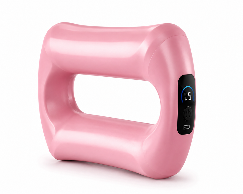 Woman using a pink electric waist massager for abdominal muscle stimulation and waist toning