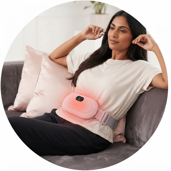 A South Asian woman wearing a heating massage belt while relaxing on a charcoal sofa with blush pink cushions.